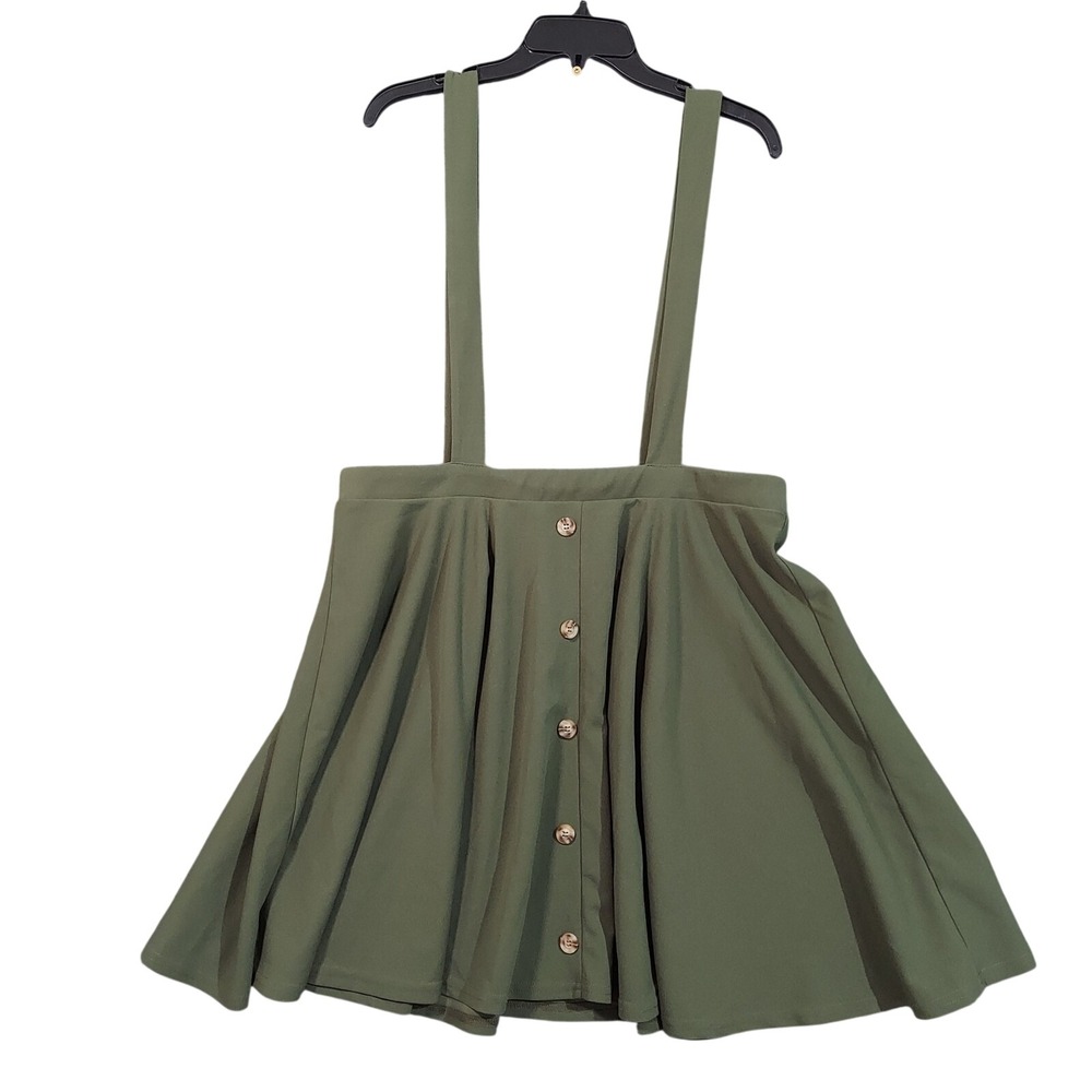 Boohoo Pinafore Skirt Women Size 16‎ Olive Green Button Front Skater Suspender